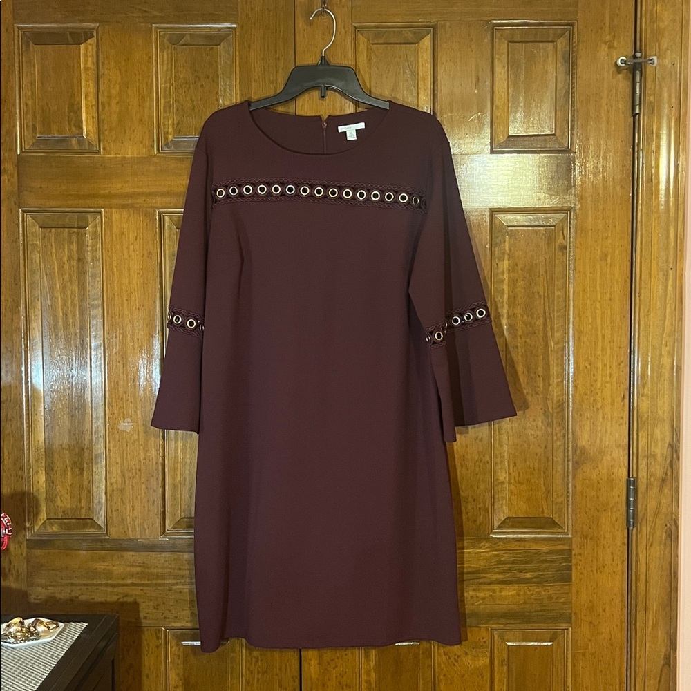 Burgundy Long Sleeve Dress with Eyelet Accents